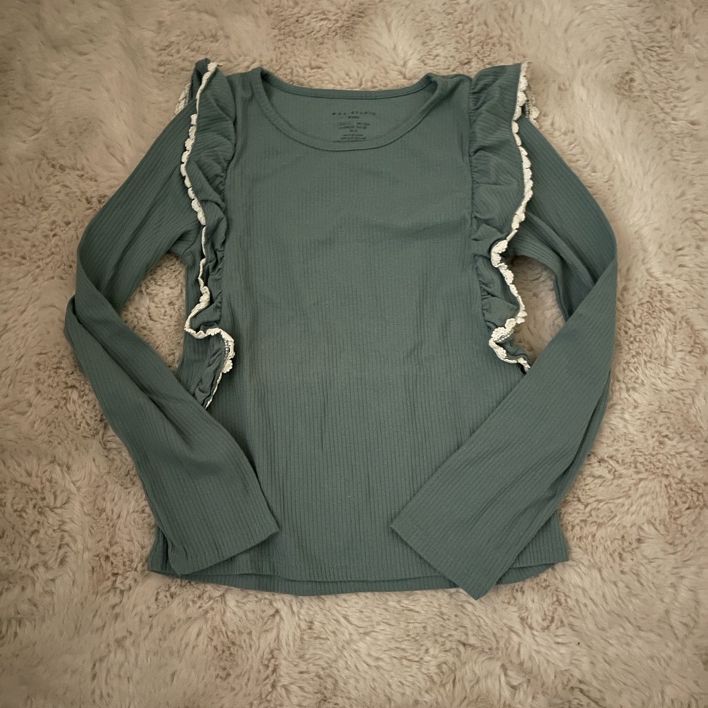 Max Studio Girls Moss Green Long Sleeve Top with Ruffle Accents. Sz 8Y